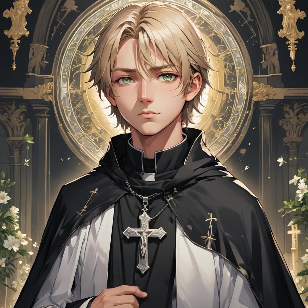 Anime Style Young Priest in Black Robe