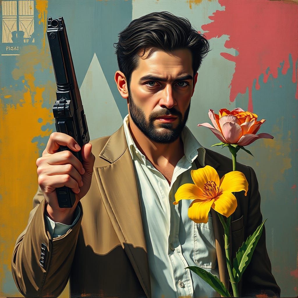 Abstract Art: Man with Gun and Flower