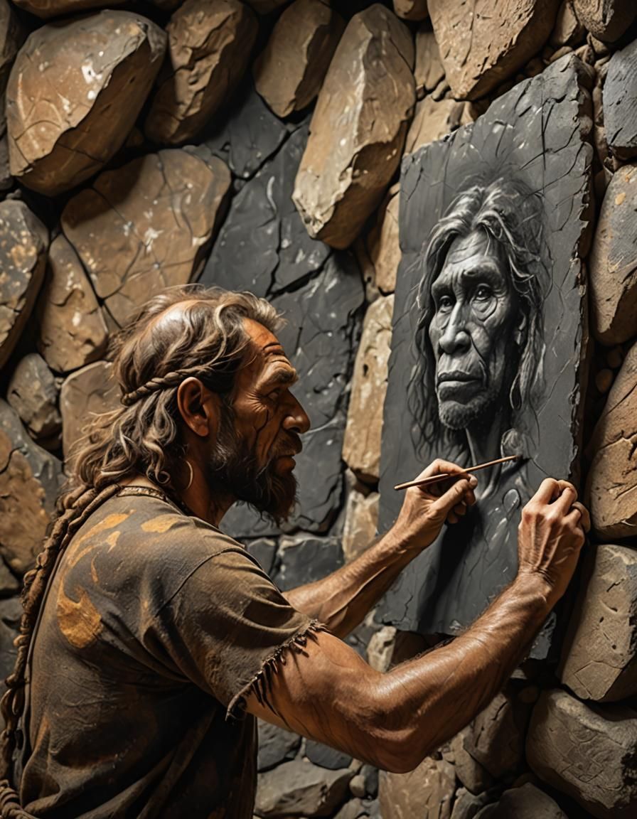Neanderthal Caveman Drawing Portrait in Cave