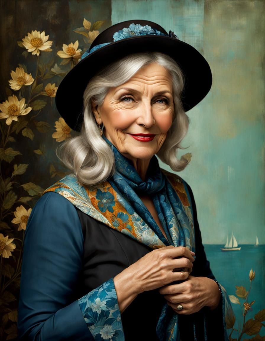 Dapper Mature Fisherwoman Portrait in Pop Art Style