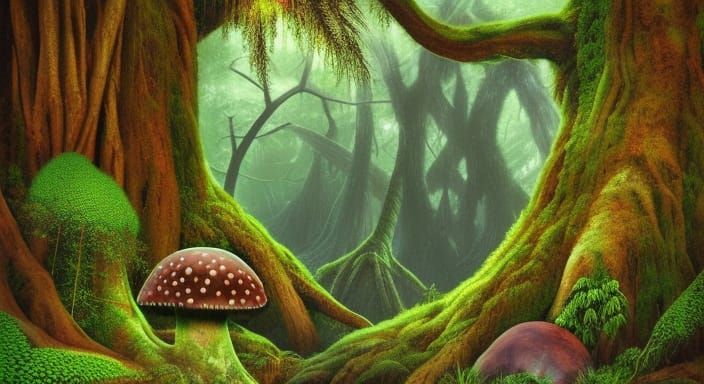 Enchanted Forest Landscape with Mythical Creatures