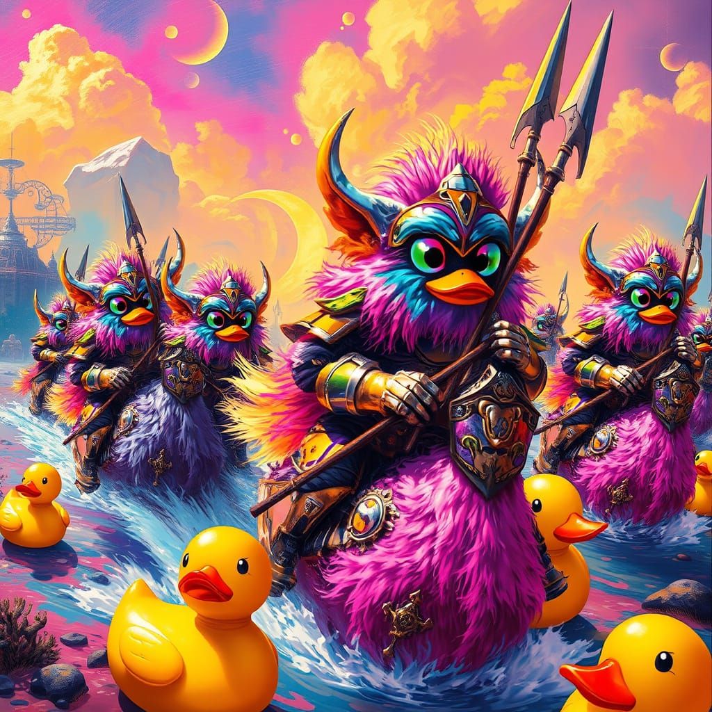 Orcs Jousting on Rubber Ducks in Neon World