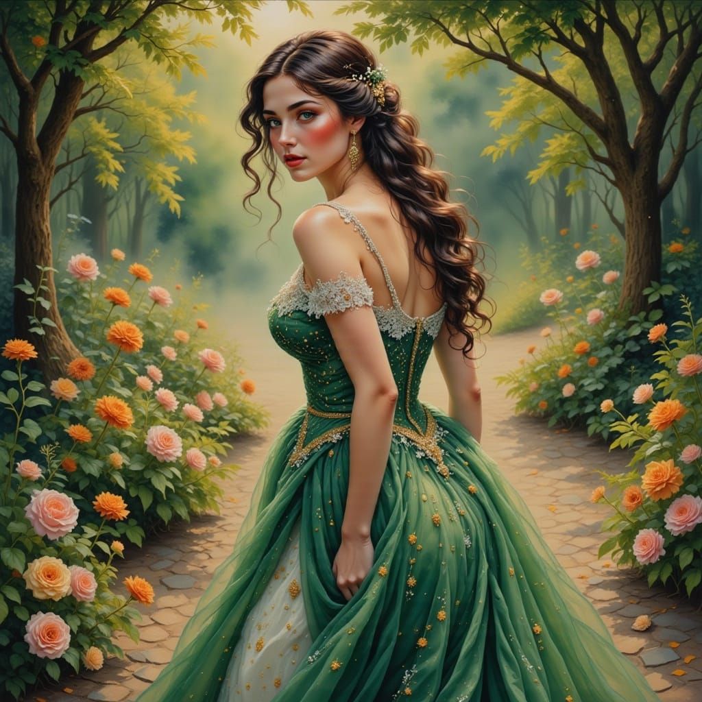 Elegant Brunette in Emerald Gown, Oil Painting Style