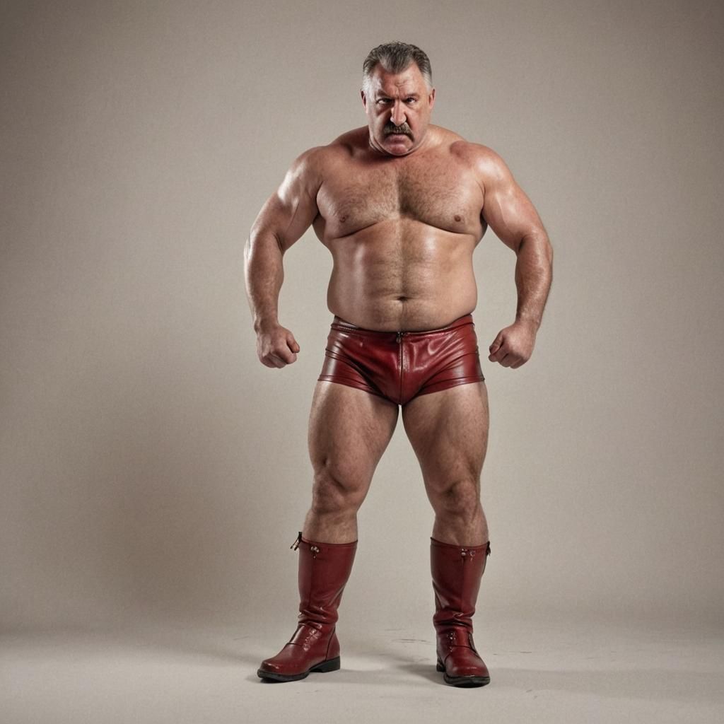 Beefy Wrestler in Red Leather: Vigorous Male Physique