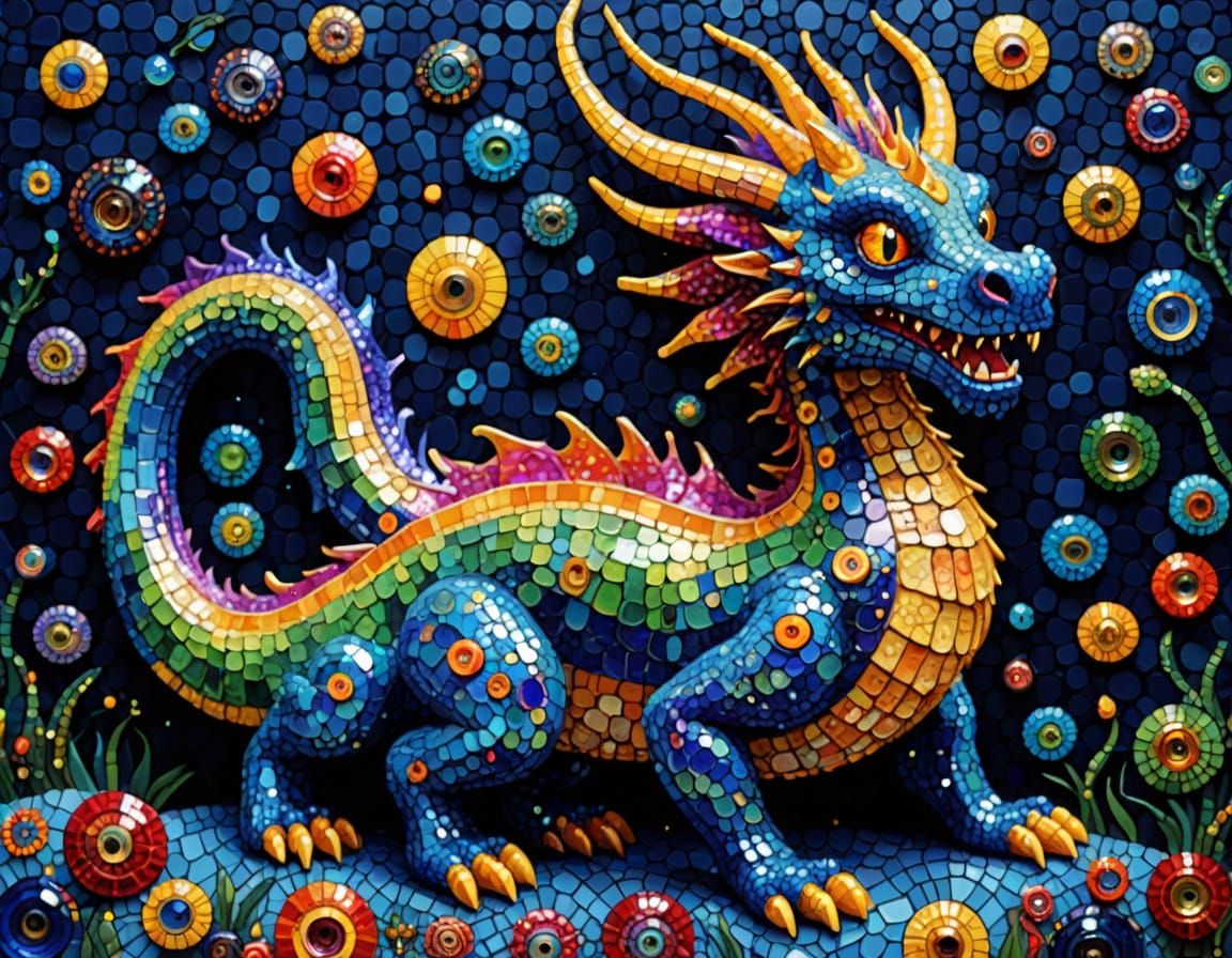 Vibrant Cartoon Dragon Mosaic in Pointillist Style
