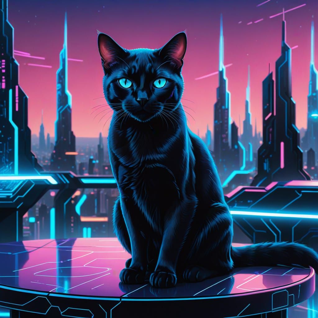 Black Cat in Sci-Fi Cityscape Digital Painting