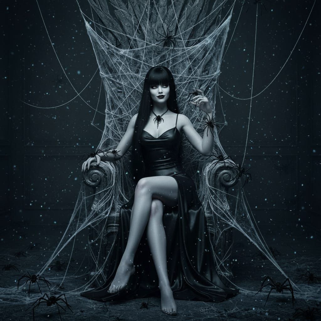 Goth Woman on Spiderweb Throne in Dark, Atmospheric Scene