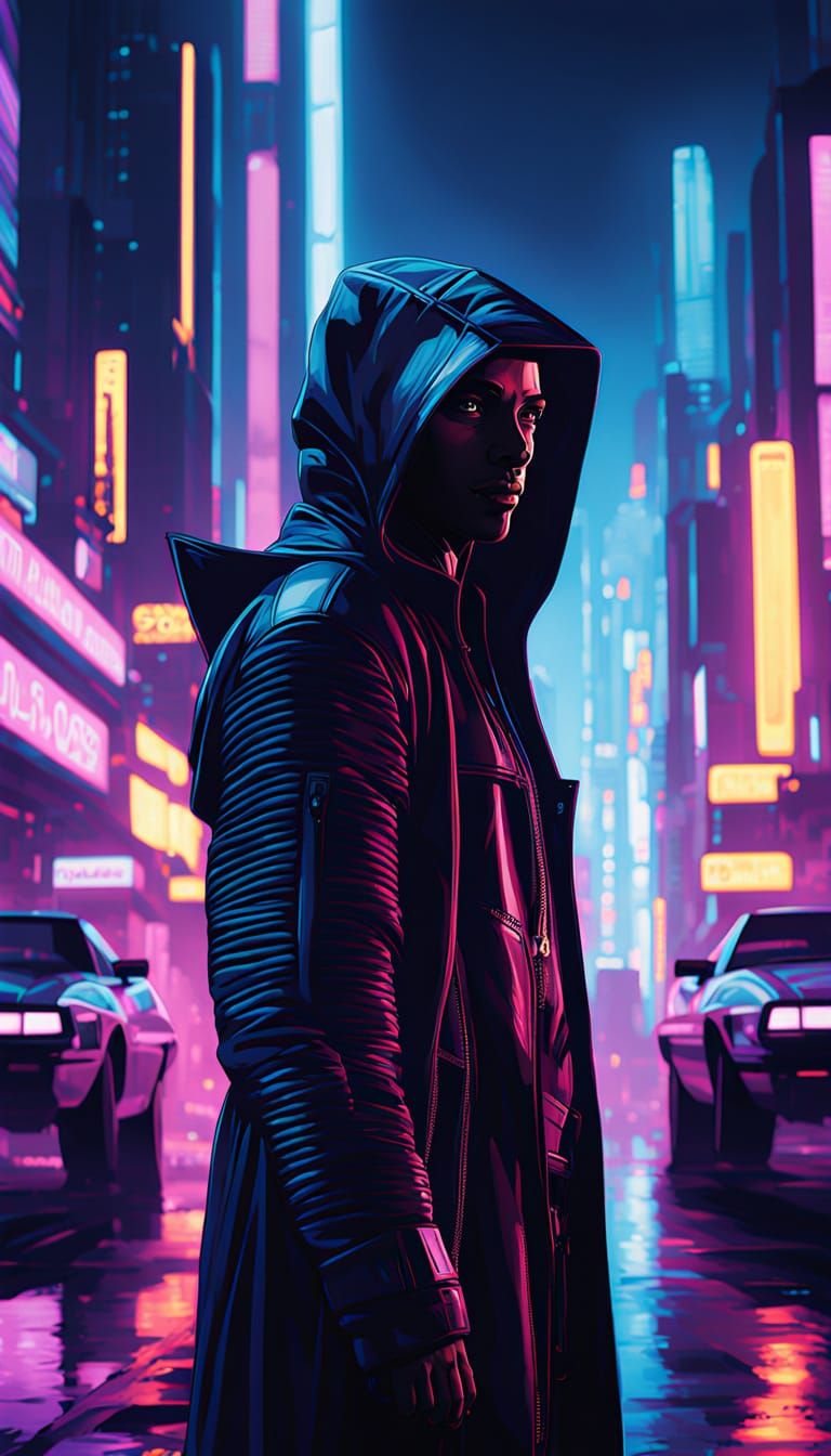Cyberpunk Figure in Neon Cityscape