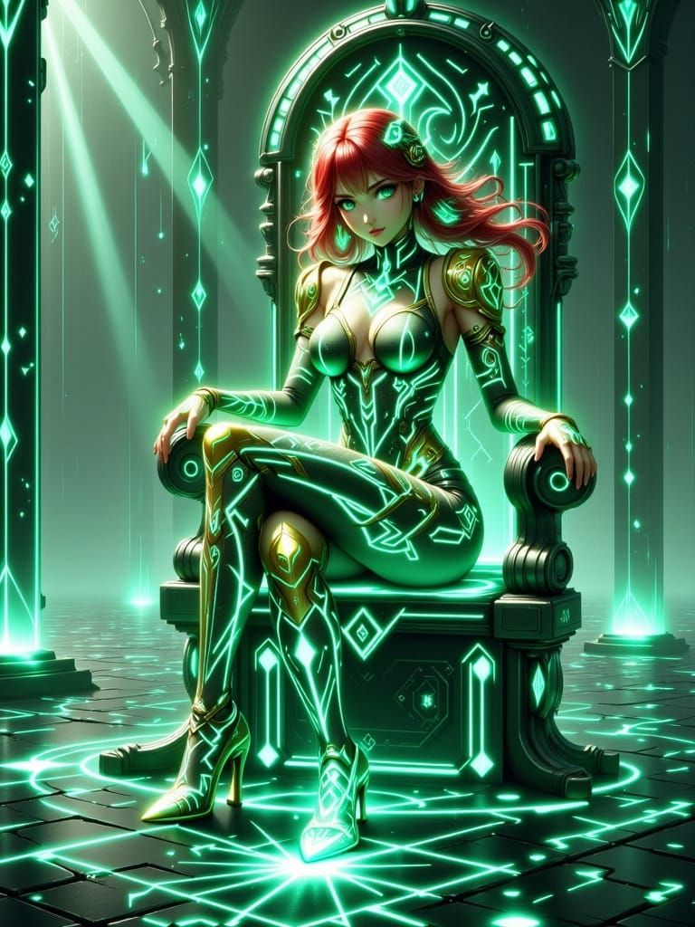 Anime dragon queen sitting on a throne made of green glass. Emerald, gold with aquamarine set in a massive castle. <lora...