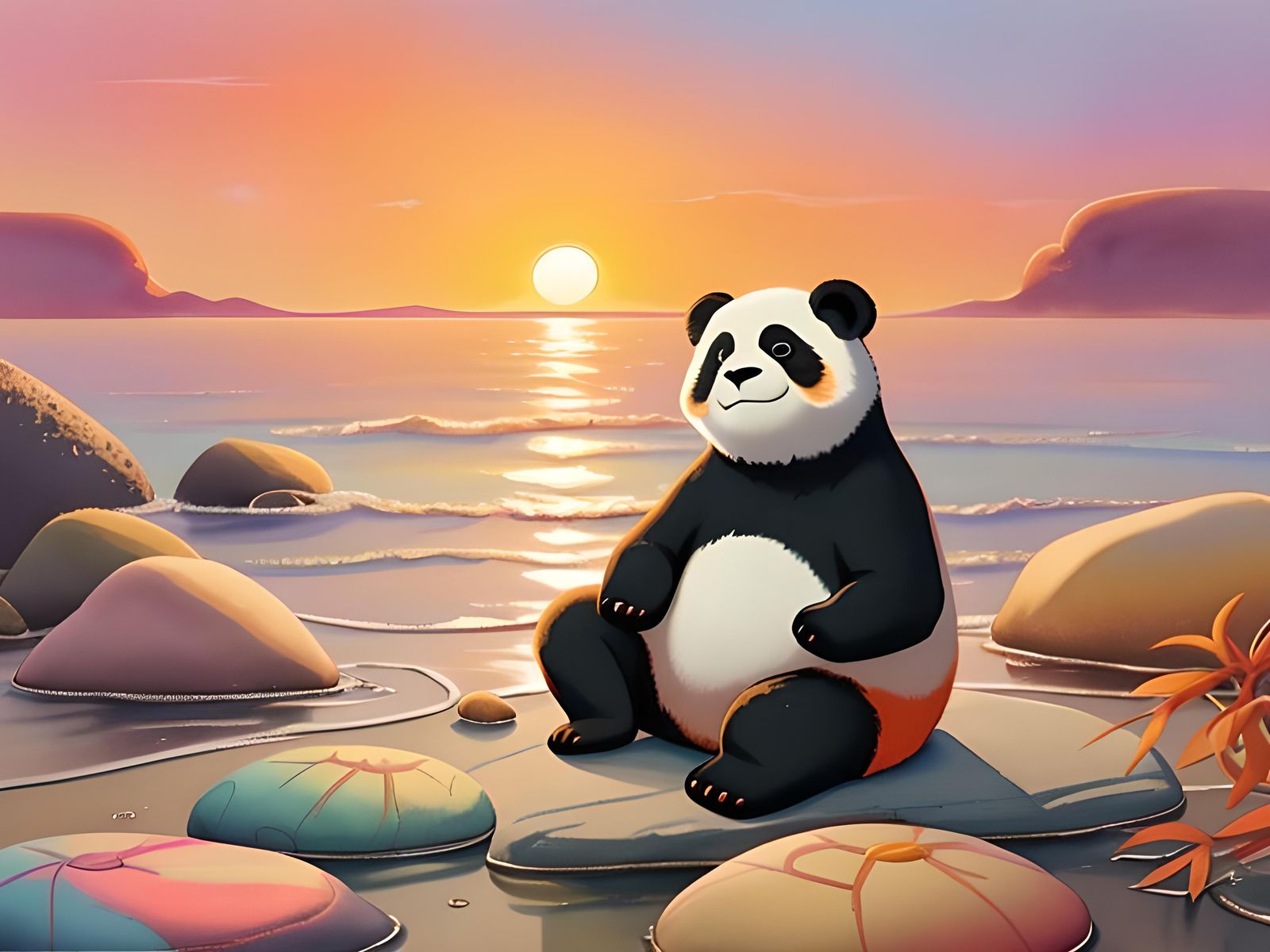 Pixar-esque Panda Meditating at Sunset in Watercolor