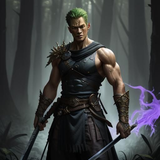 Zoro Ready for Battle in Mystical Forest