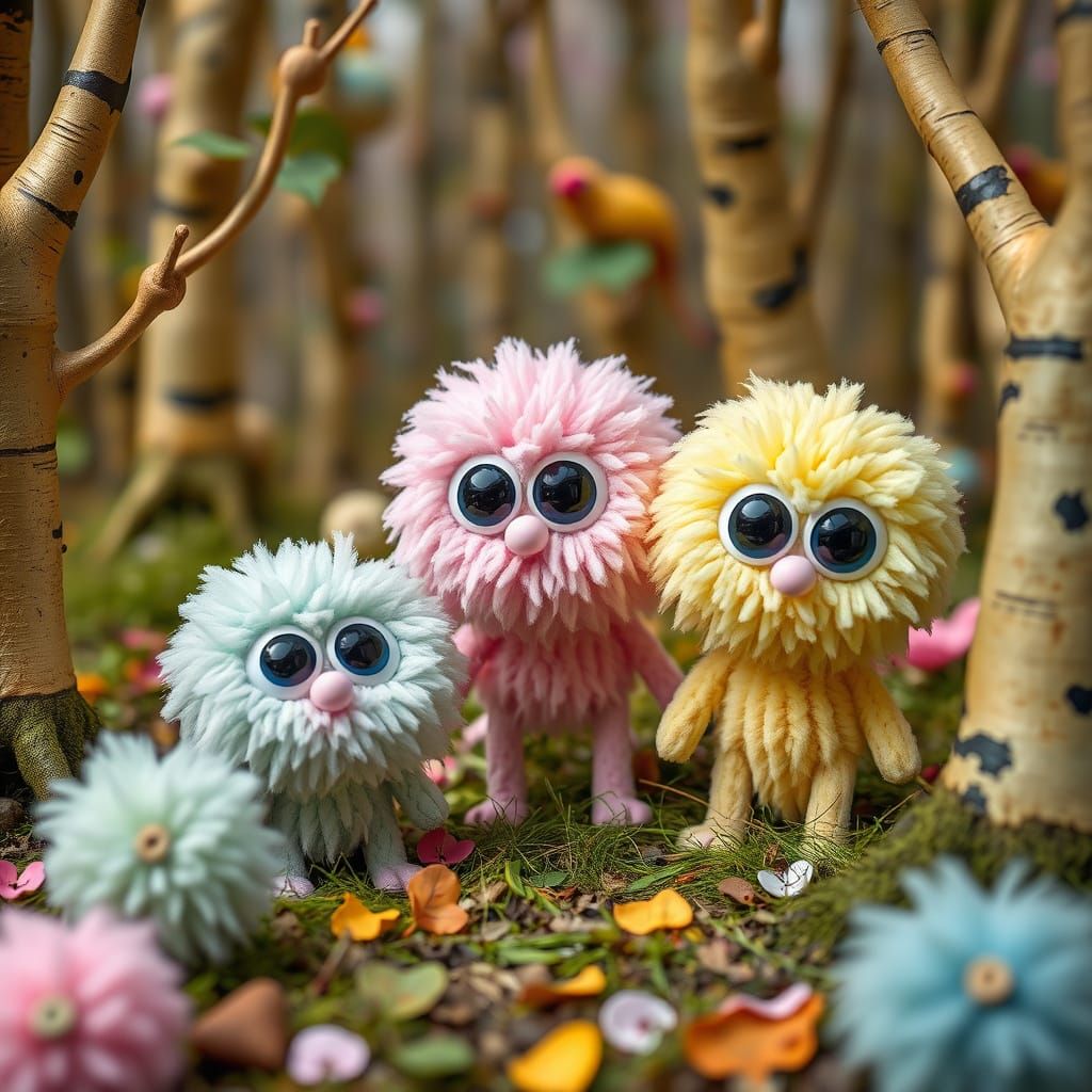 Creepy Cute Kawaii Pom Pom Creatures in Whimsical Forest