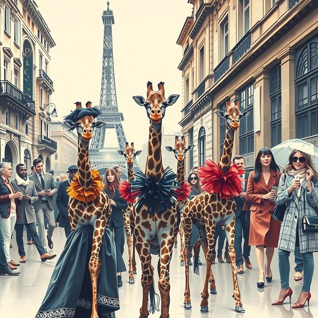 Haute Couture Giraffes Parade in Parisian Elegance