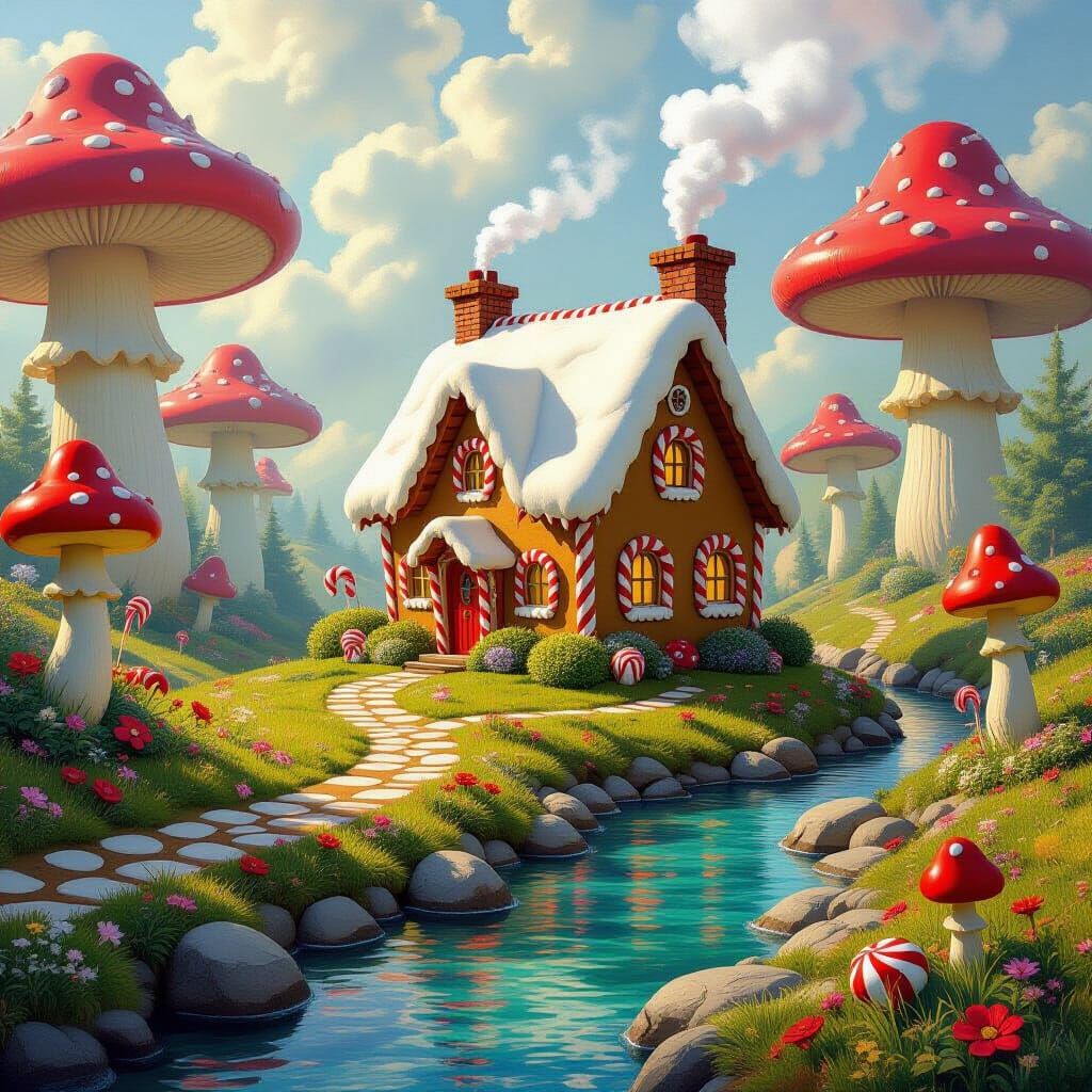 Gingerbread Cottage in Mushroom Valley: Impressionistic Styl...