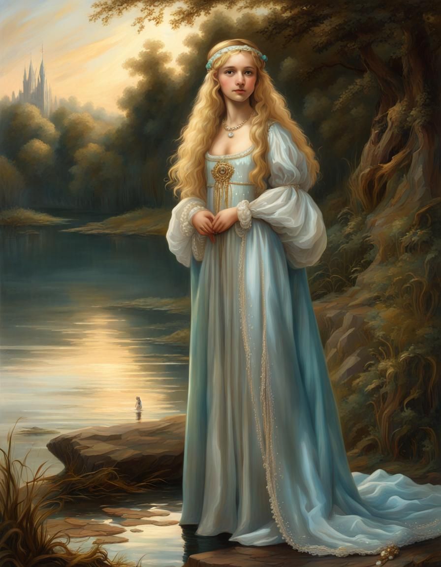 Renaissance Woman with Silver Gown and Pearl Embroidery