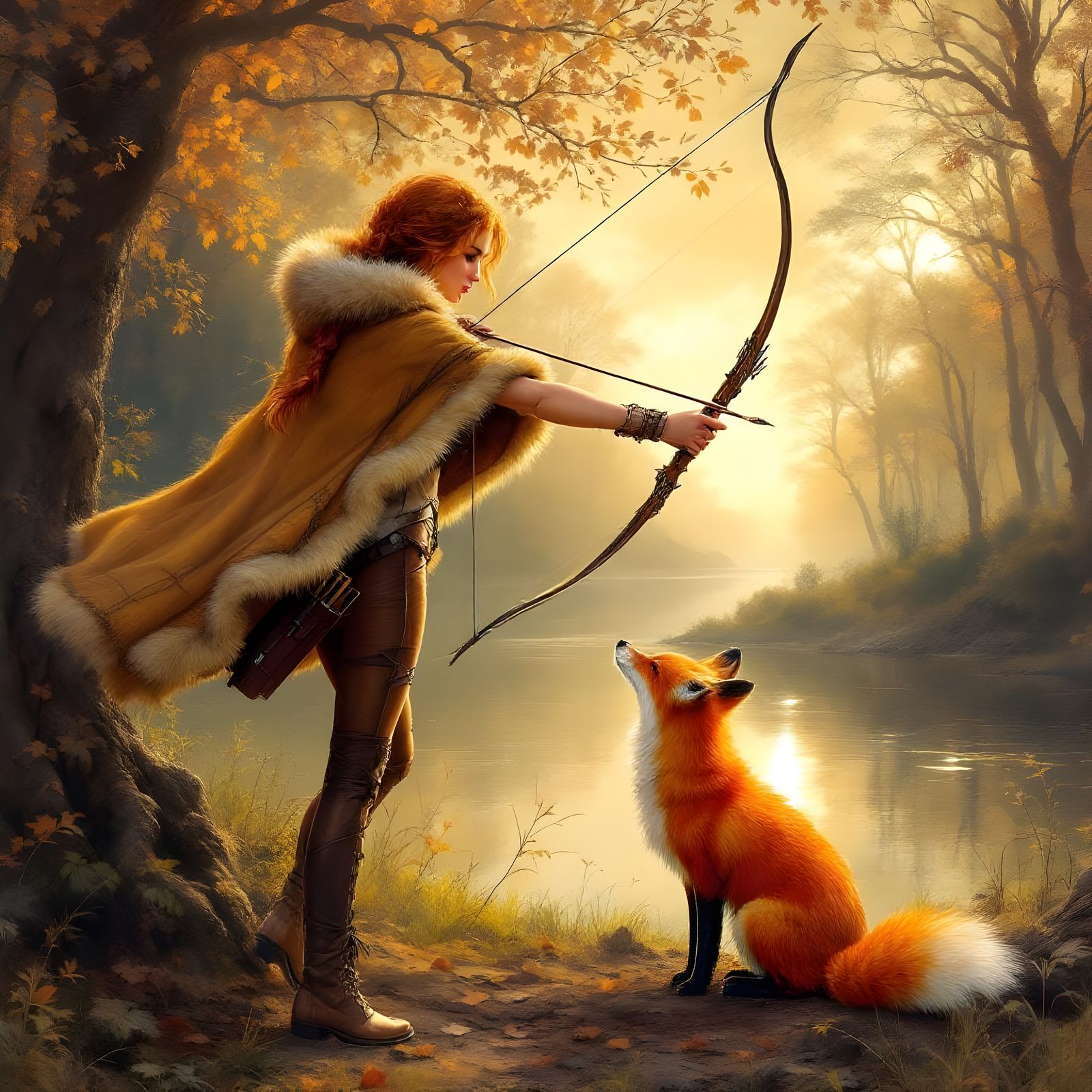 Fox Hunter in Forest at Dawn, Fantasy Illustration