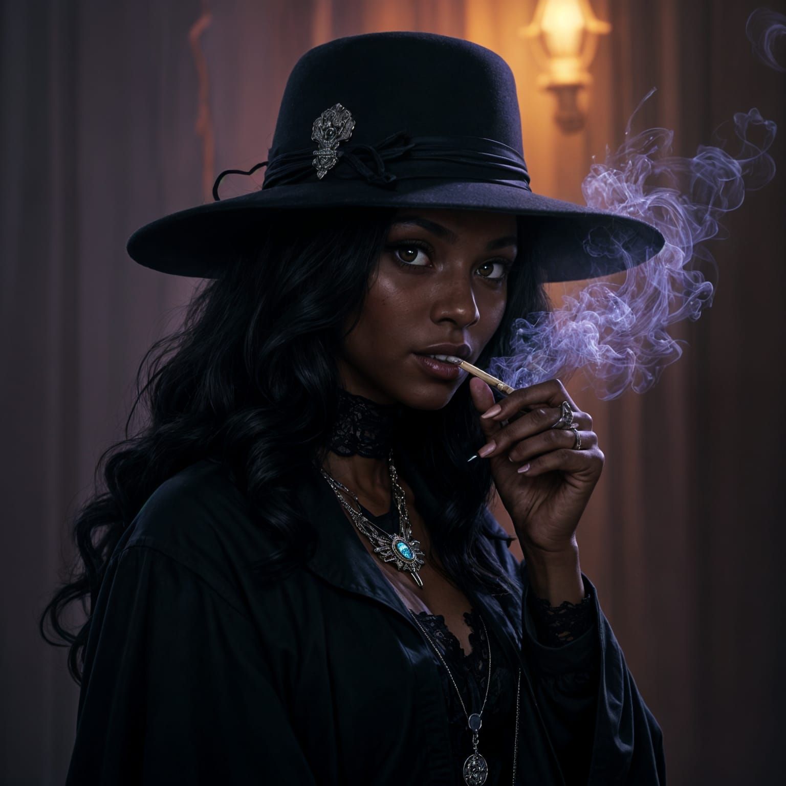 Gothic Woman Smoking in Dark Fantasy Style