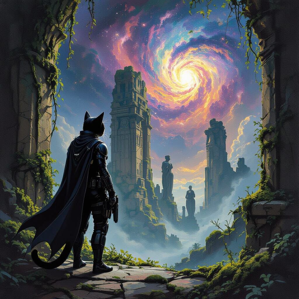 Cat Operative in Overgrown Ruin Under Nebula Sky