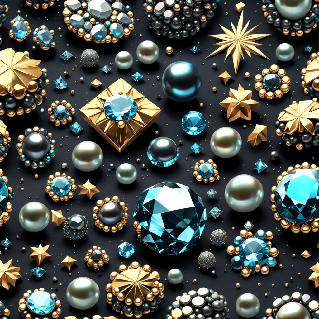 Various shapes sizes abstract dotted diamonds black pearls pyrite crushed jewels shinning sparkling twinkling