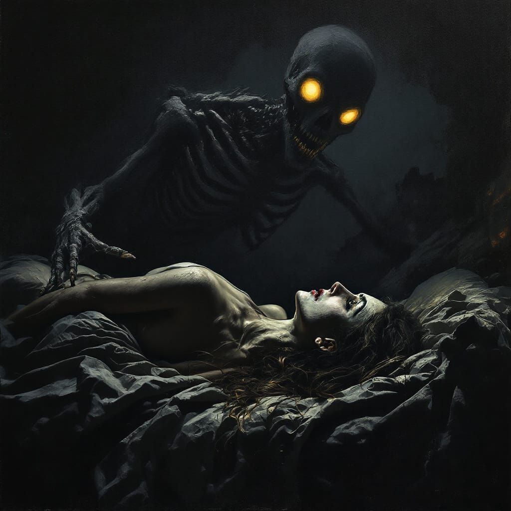 Gothic Horror Scene: Woman Faces Skeletal Figure