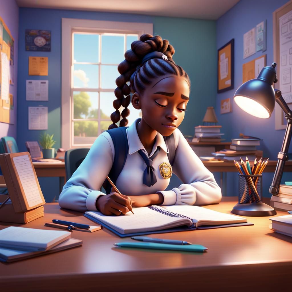 Teen Girl Asleep at Desk: Pixar-Style 3D Render