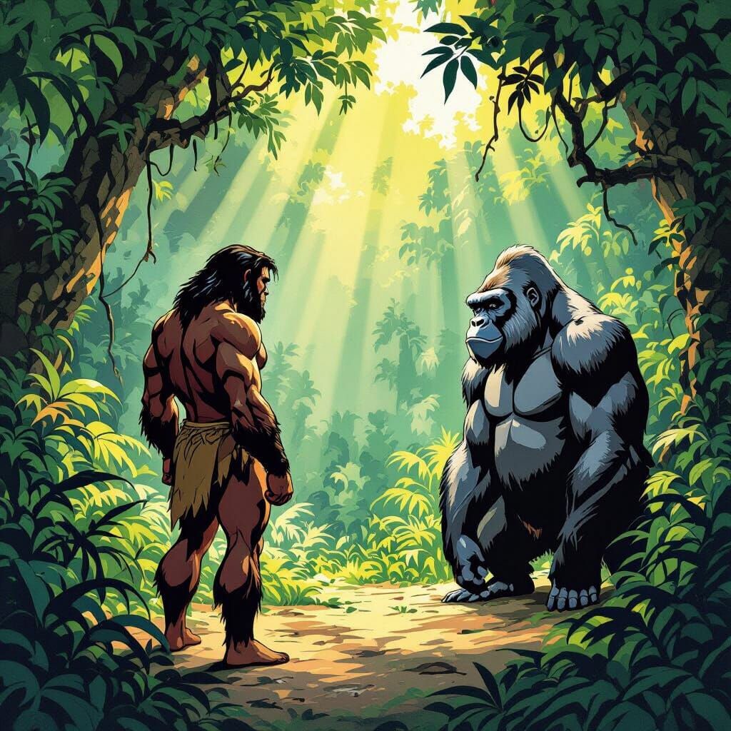 Tarzan and Silverback Gorilla in Jungle Clearing