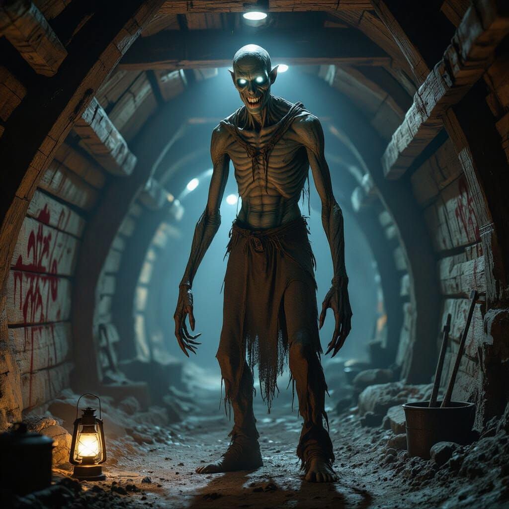 Terrifying Mine Creature in Horror Comic Style