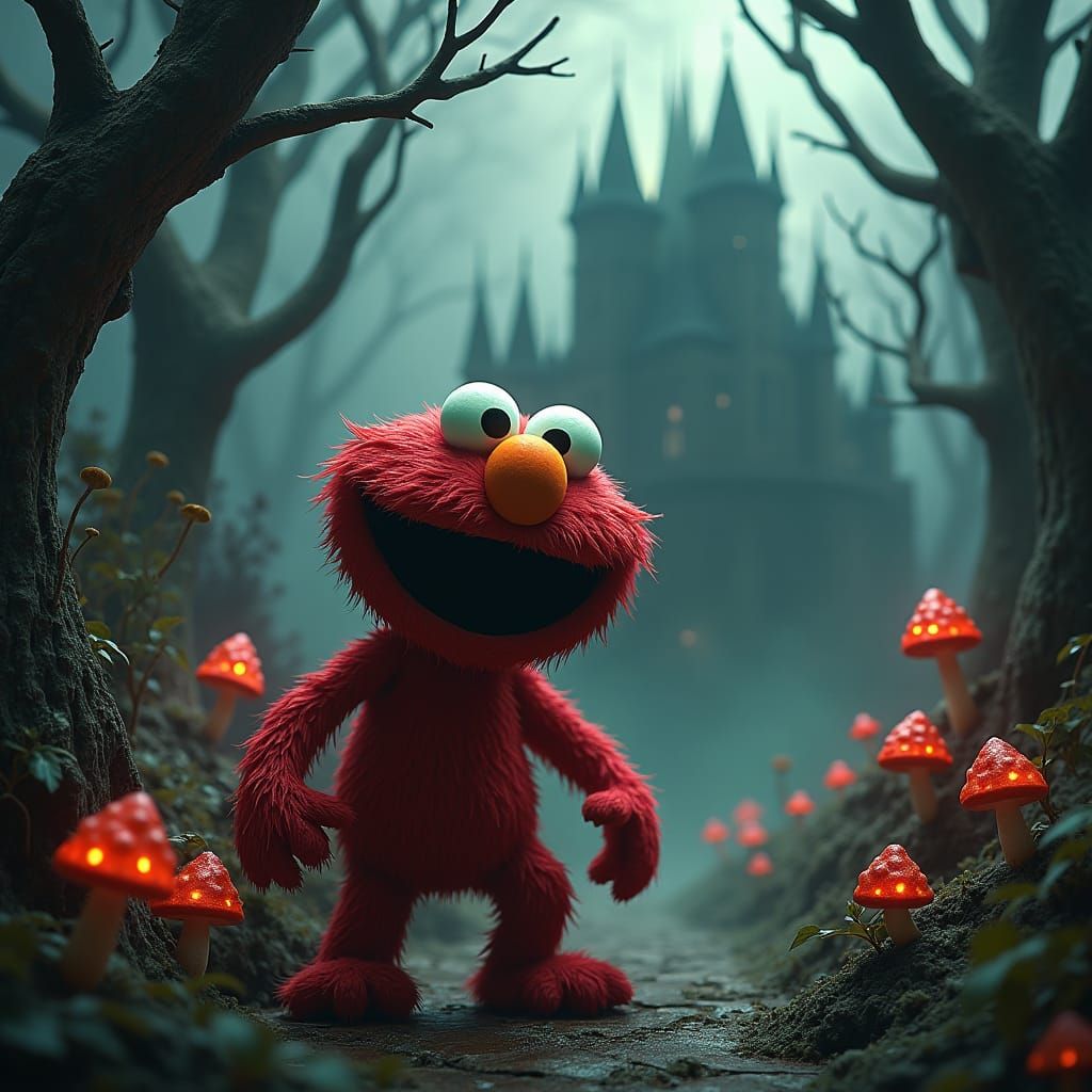 Menacing Evil Elmo in a Dark Mystical Realm