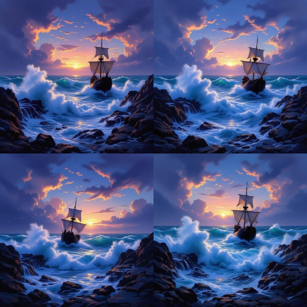 Romantic Seascape: Ship in a Twilight Storm