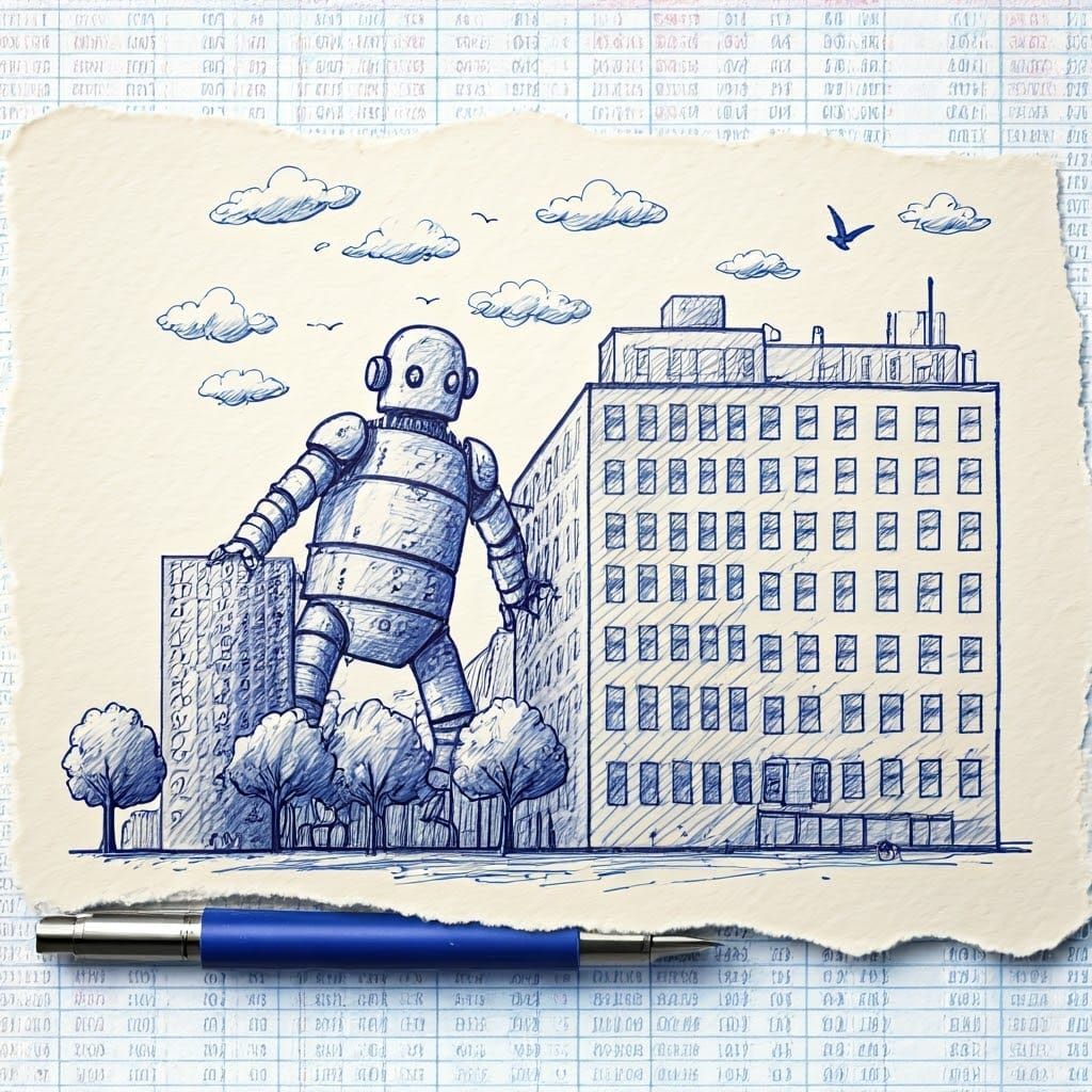 Whimsical Robot City: Detailed Ballpoint Pen Doodle