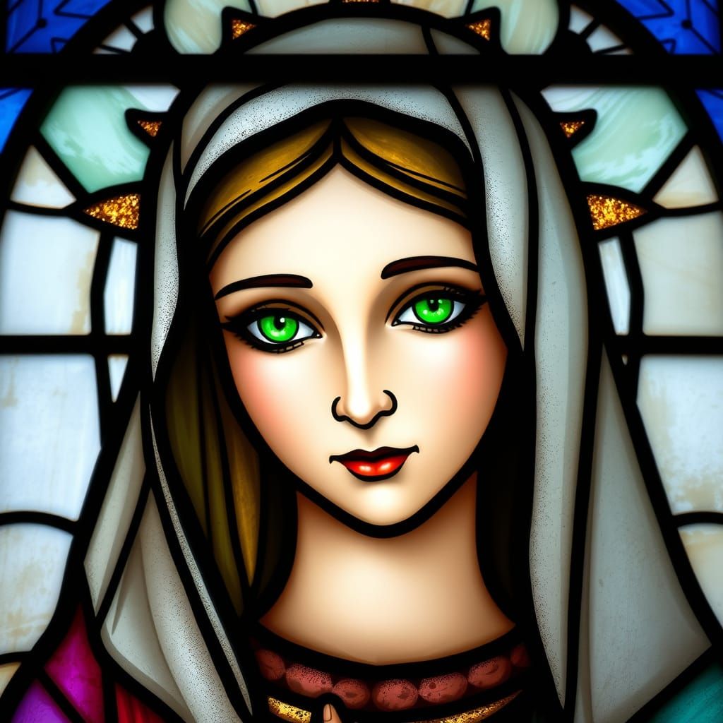 Gothic Stained Glass Portrait of the Virgin Mary with Emeral...