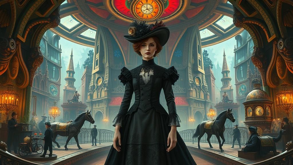 Victorian Governess in Gothic Sci-Fi Nursery, Gouache Style