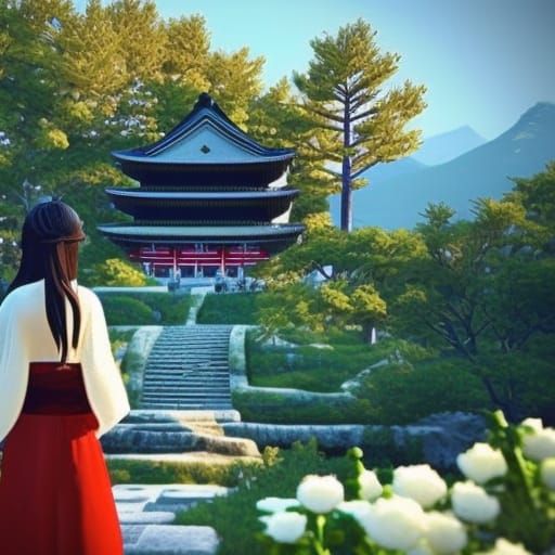 Woman with Flower at Shinto Temple, 3D Render