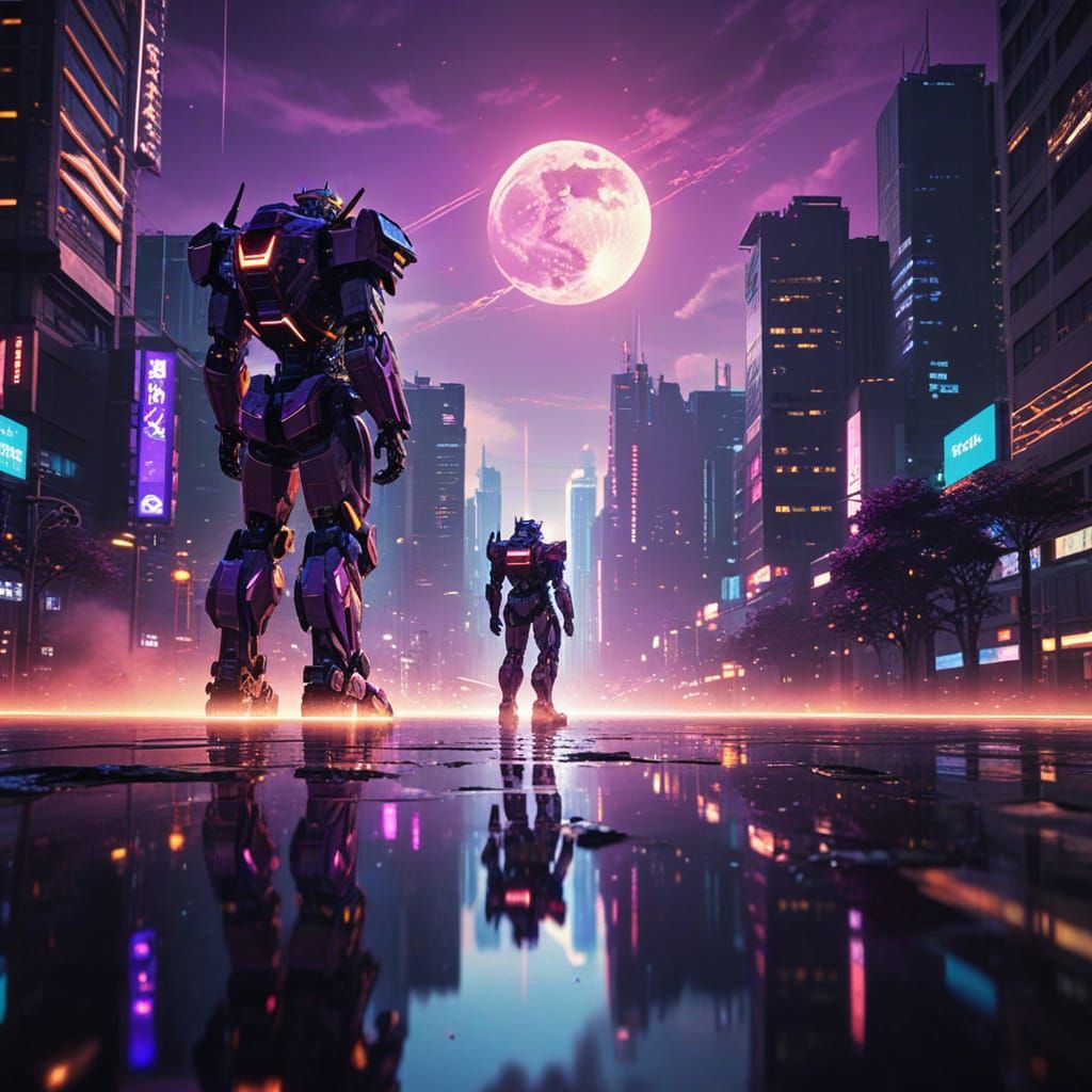 Mecha Warrior in City at Full Moon, Anime Style