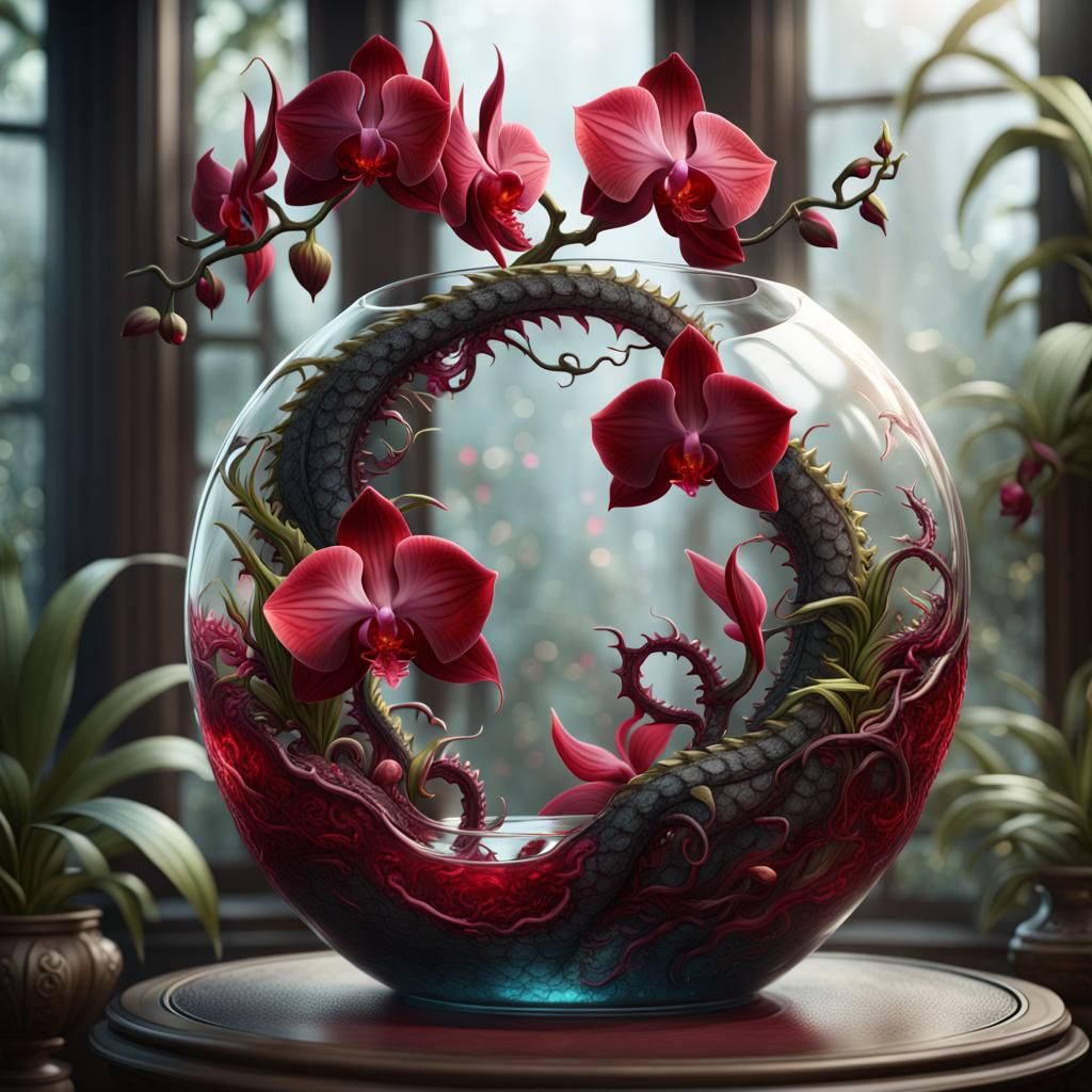 Dragon Glass Sculpture with Red Orchids: Fantasy Art
