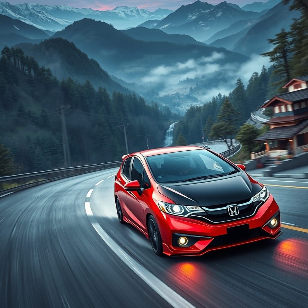 Red Honda Fit Drifting on Mountain Road
