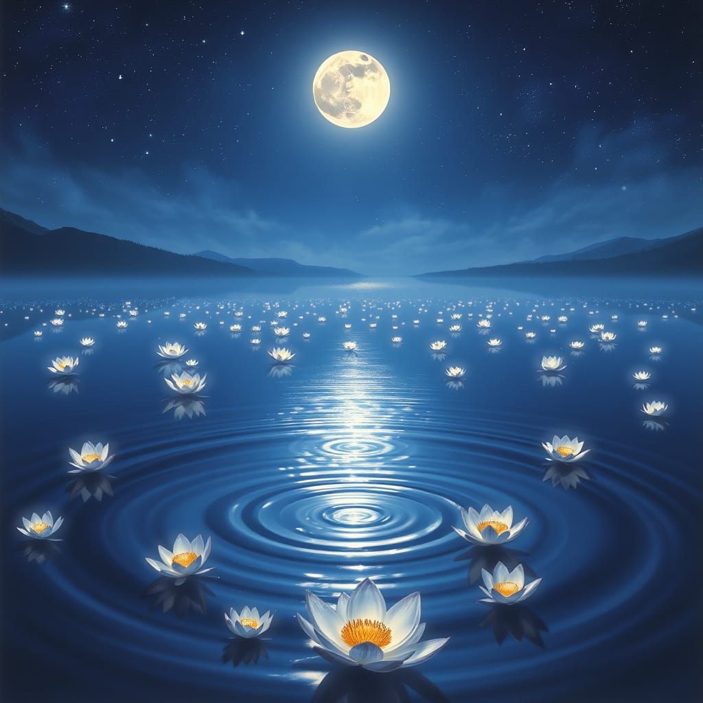Moonflower Lake: Ripples Bloom into Luminous Flowers Under S...