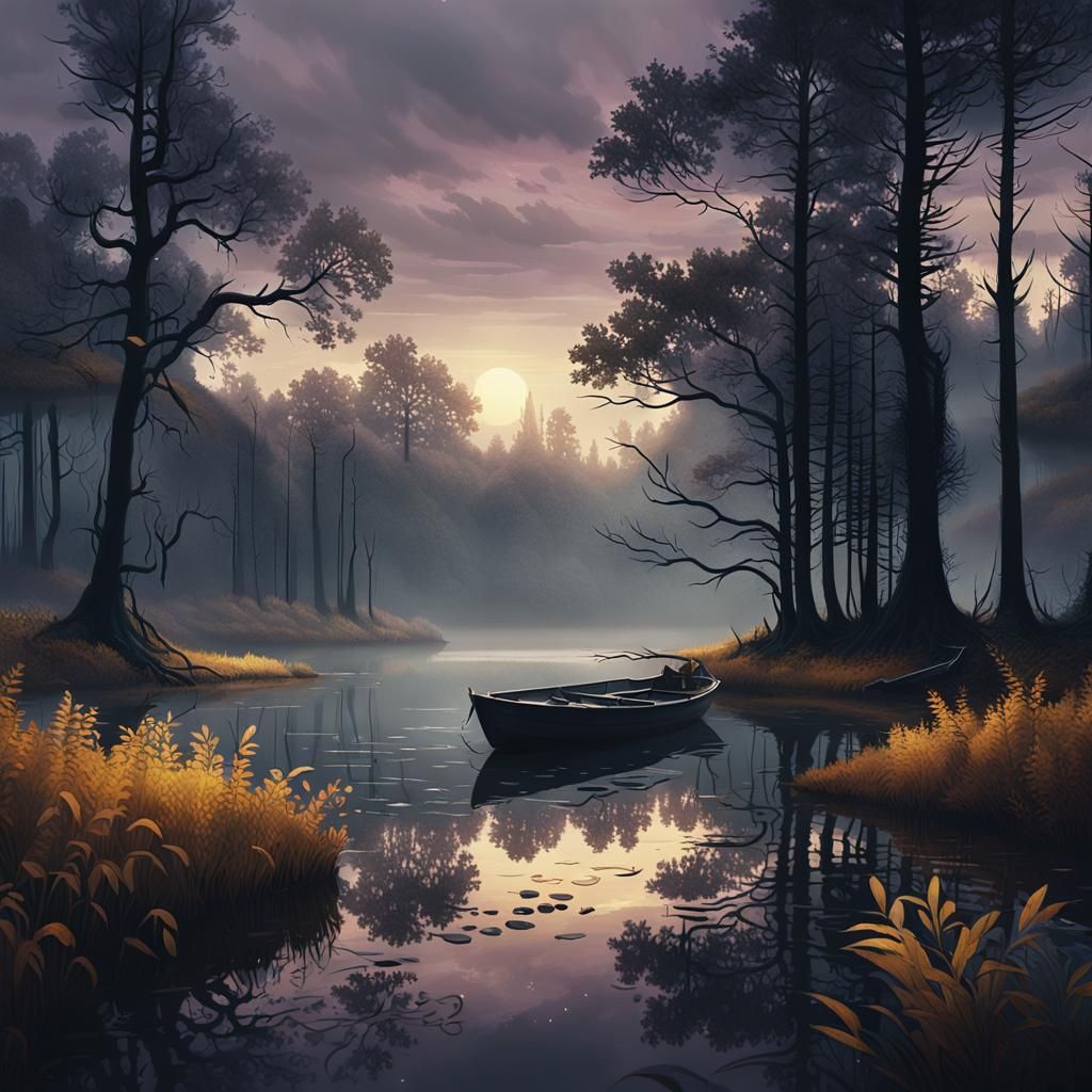 Dark Fantasy Lake: Boat Stranded at Twilight