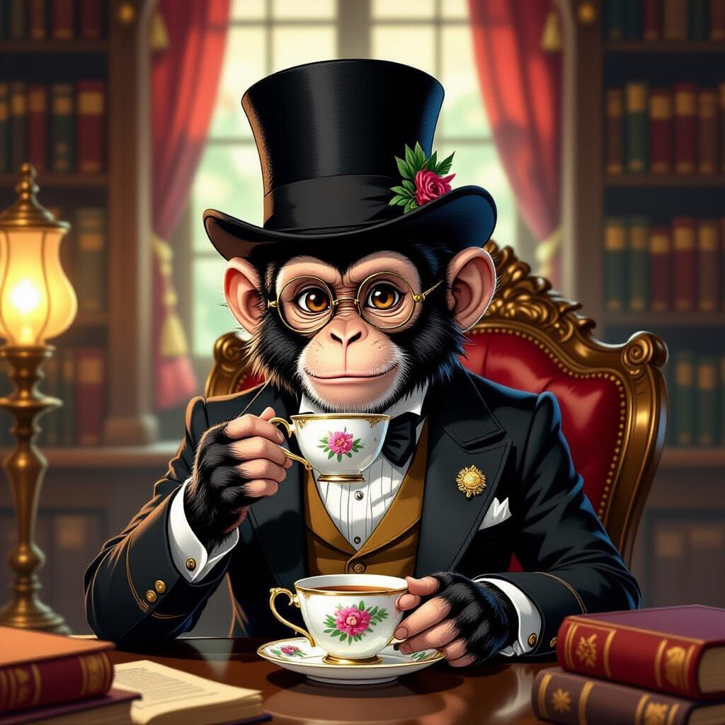 Victorian Monkey Gentleman Sips Tea in Library