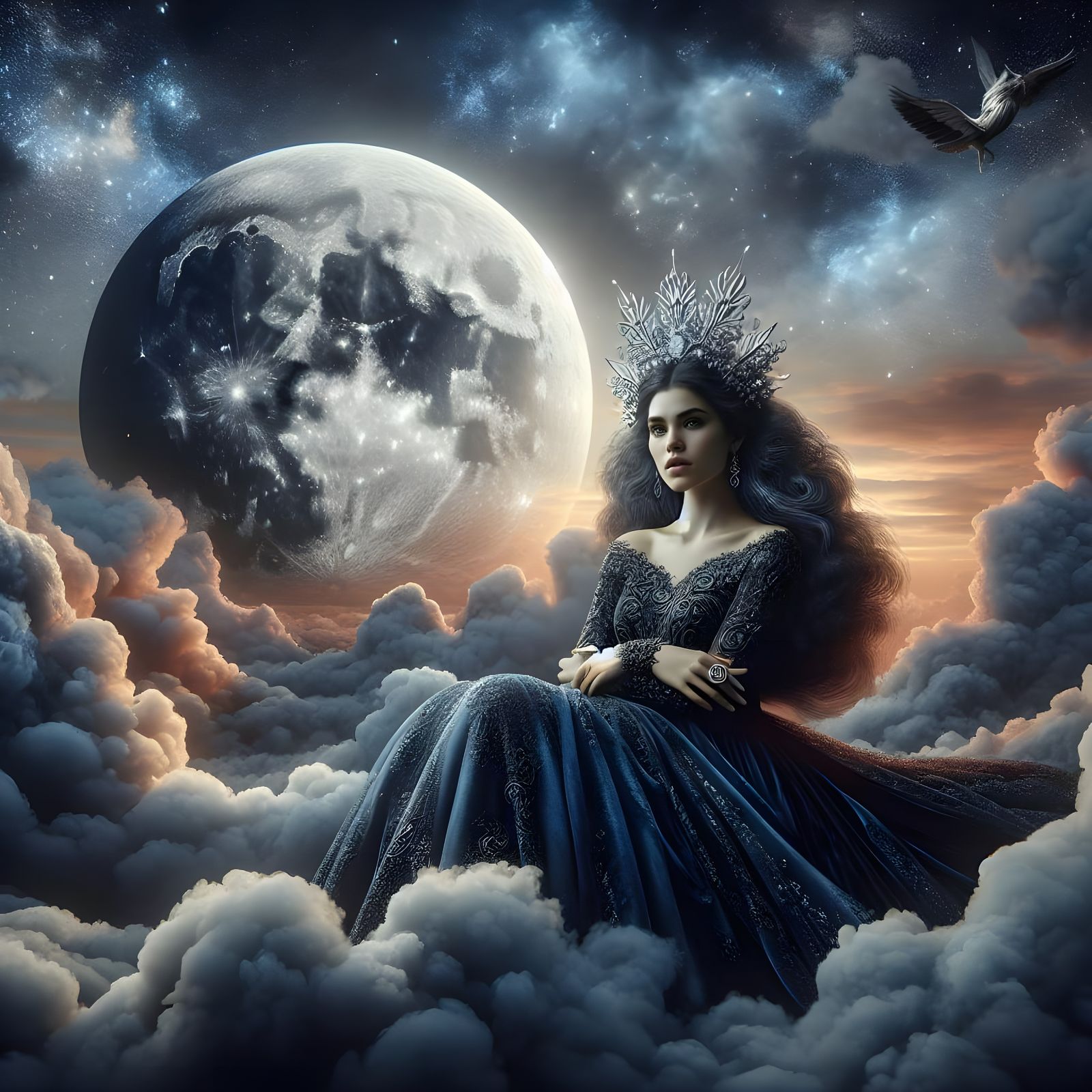 Enchanting Norse Moon Goddess on Soft Clouds Lit by a Dramat...