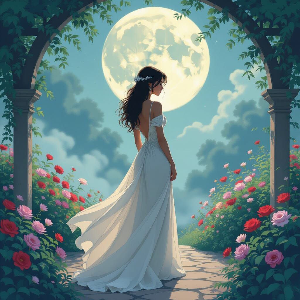 Woman in Moonlit Garden Art Nouveau Illustration