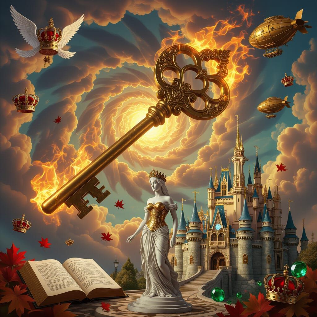 Ornate Brass Key in Fiery Vortex with Steampunk Zeppelins