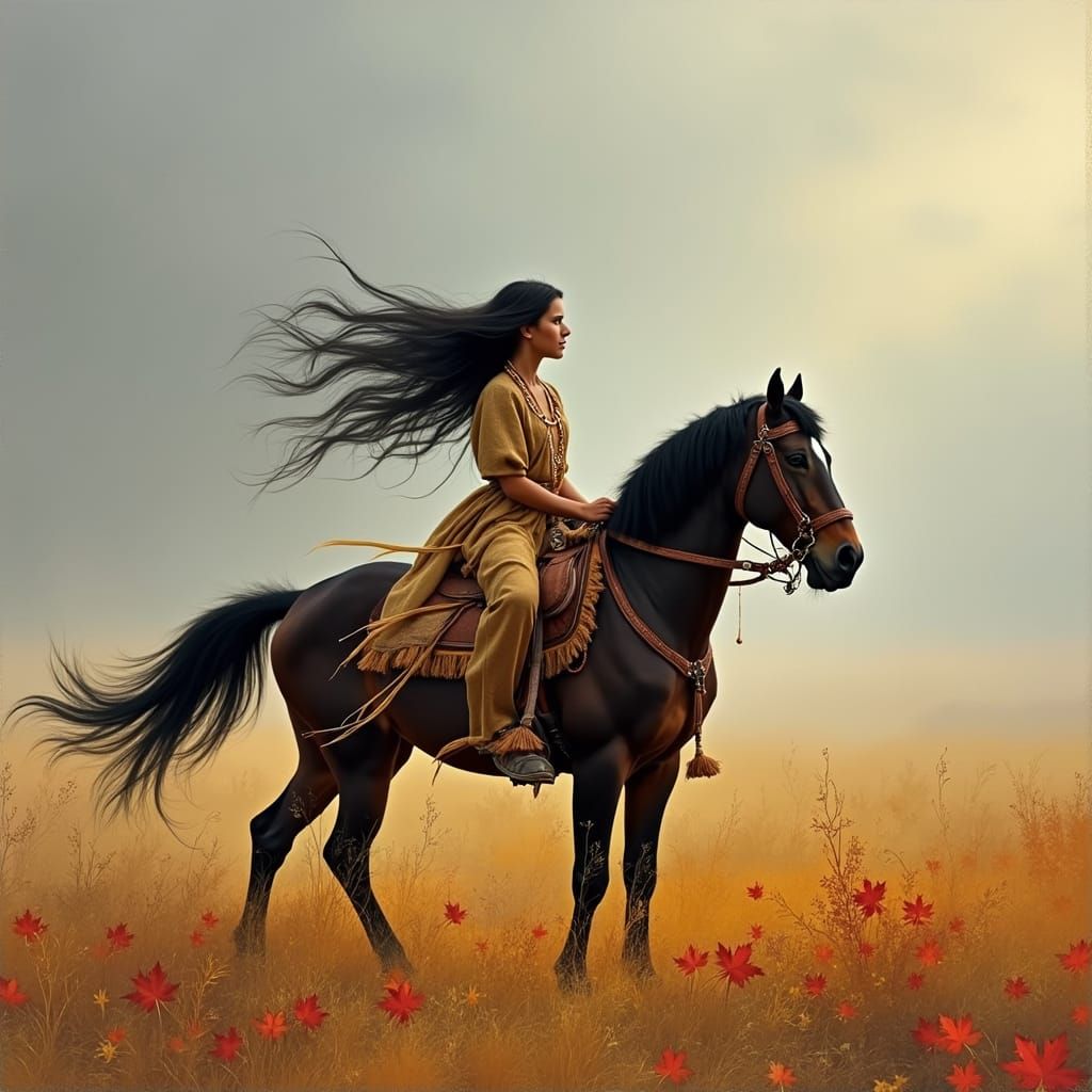 Native American Maiden in Autumn Landscape