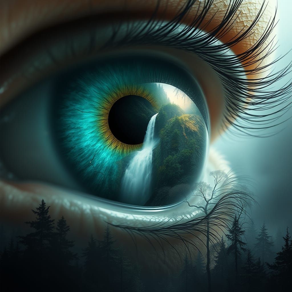 Turquoise Eye Reflects Majestic Forest Landscape with Cascad...