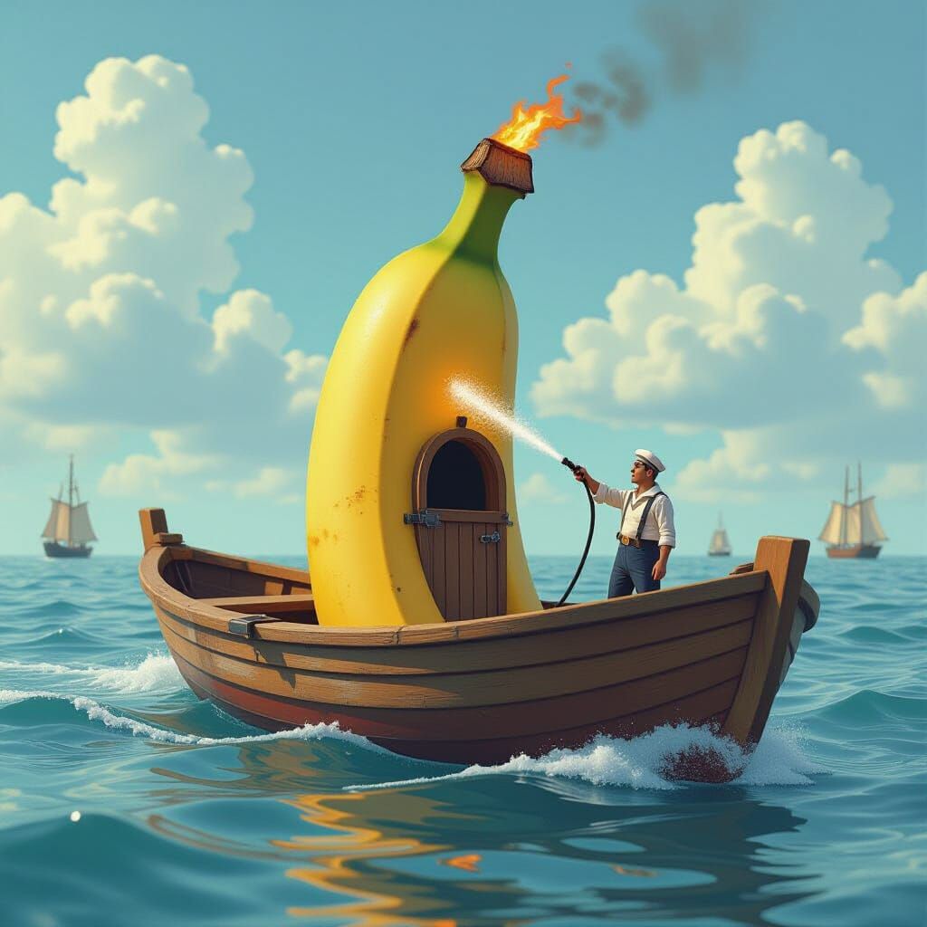 Banana Boat Scene with Miniature Sailor Igniting Fire