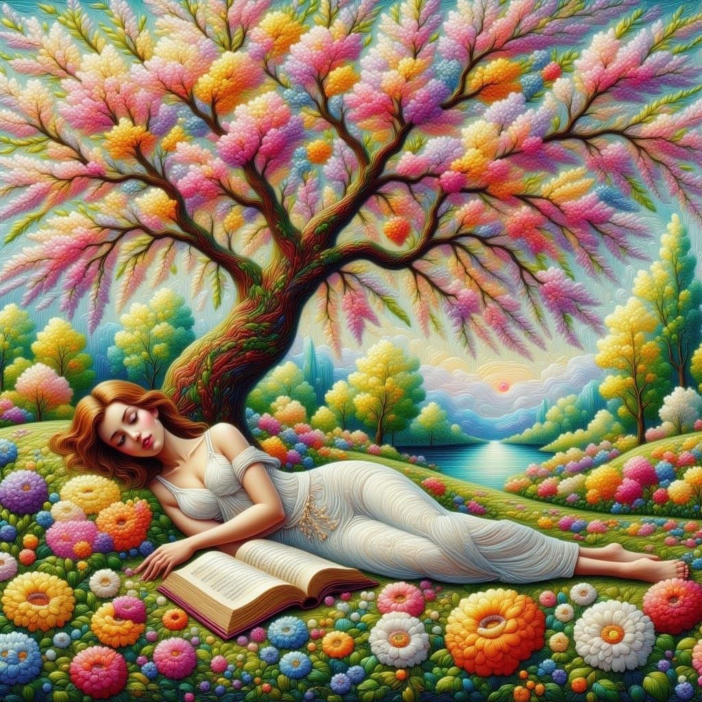 A woman sleeping beneath a pastel tree on a summer afternoon with an open book laid across her chest.<lora:Hennie Soft C...