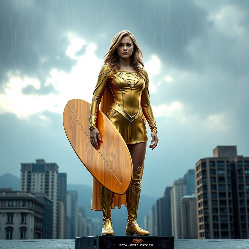 Supergirl with Gold Surfboard in Falling Sky Cityscape