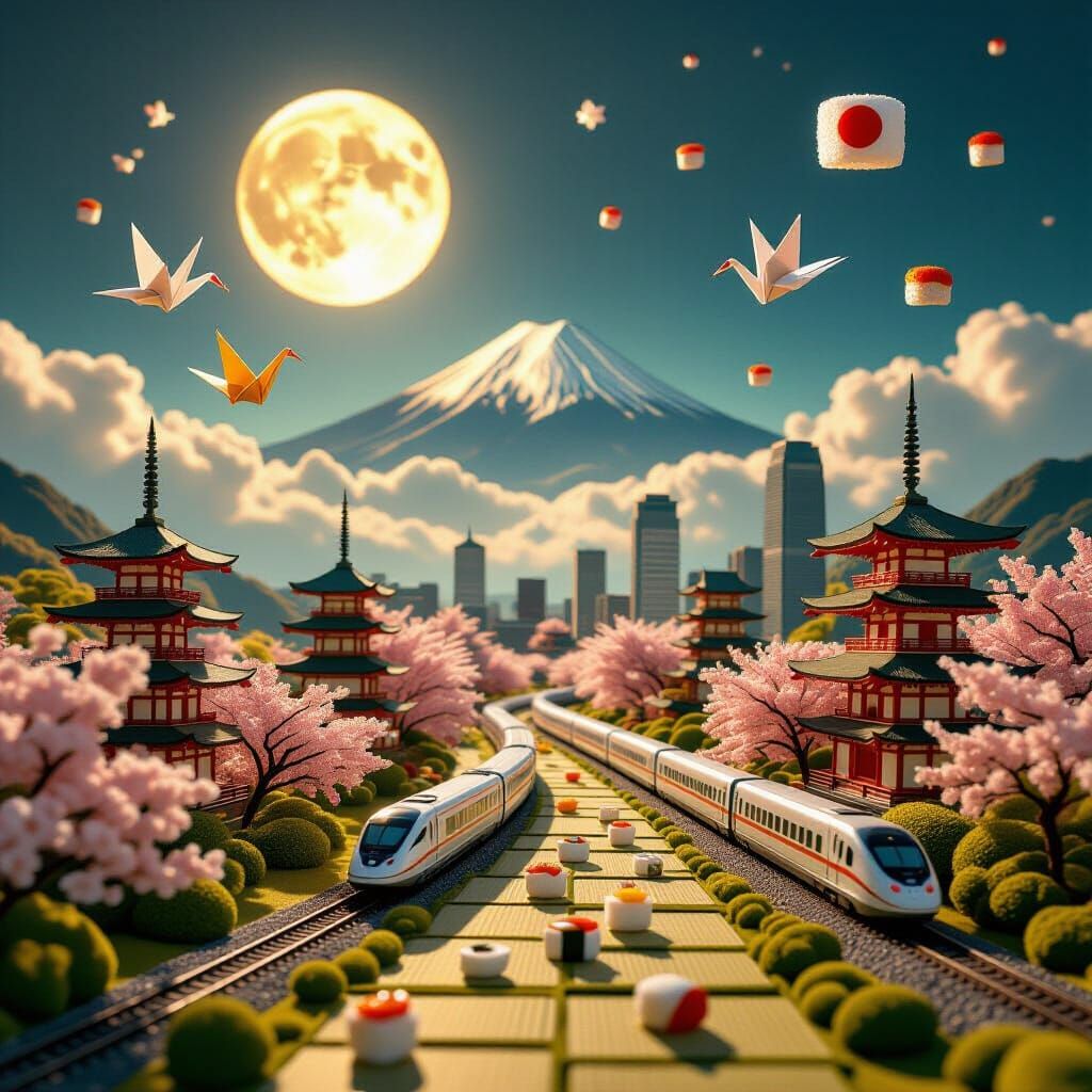 Surreal Moonlit Japanese Dreamscape in Golden Light