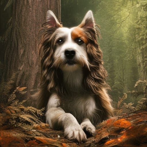 Hyperrealistic Dog Portrait in Noir Forest