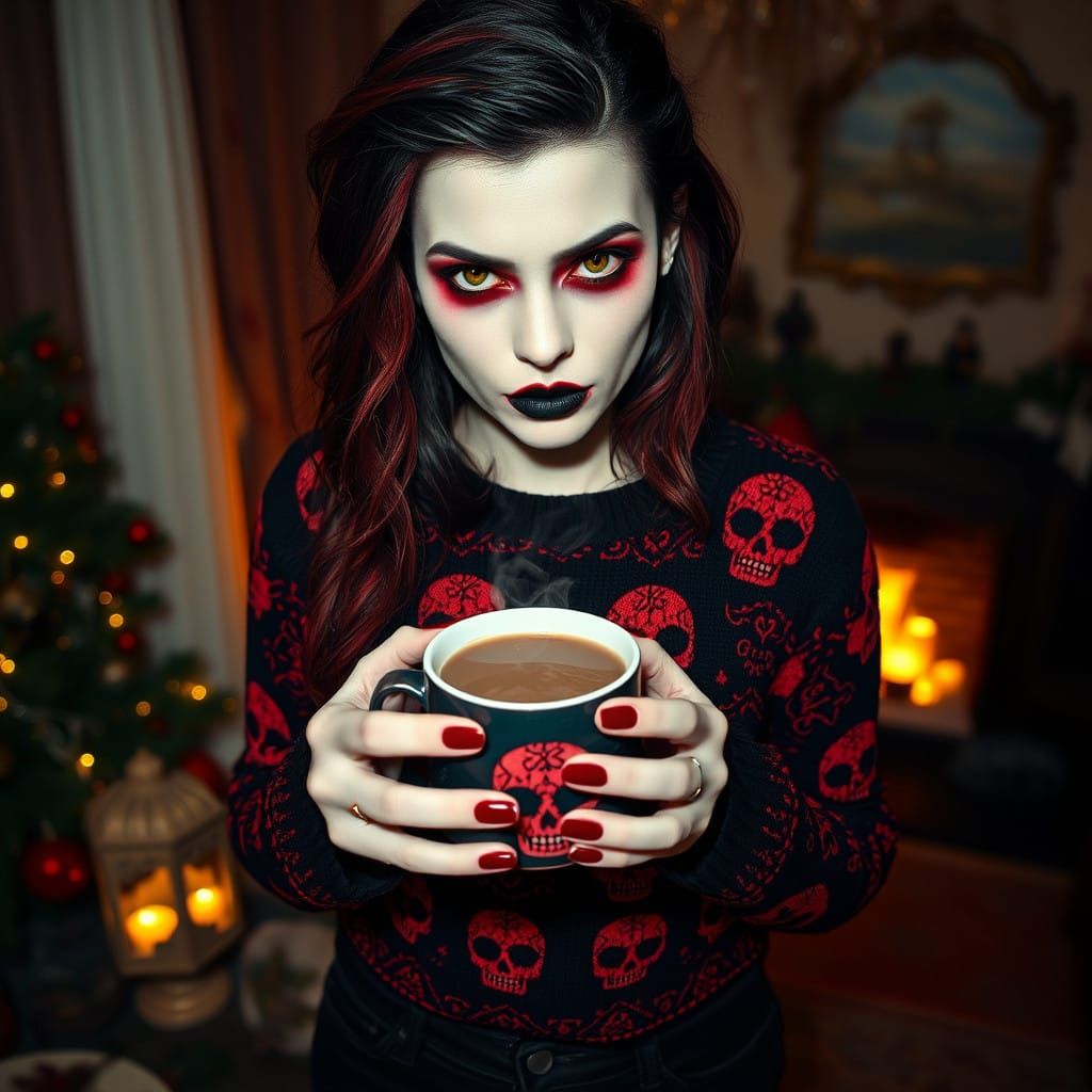 Woman in Gothic Christmas Sweater Holds Steaming Hot Cocoa i...